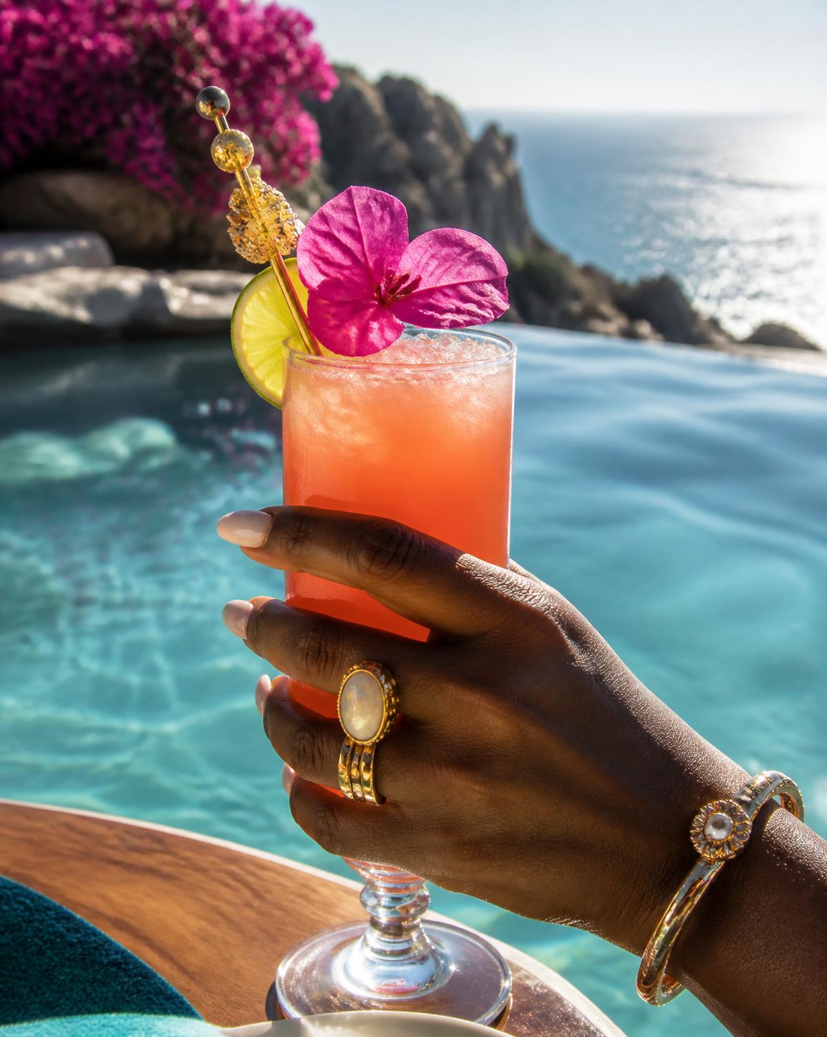 Coral tropical cocktail beside an infinity pool
